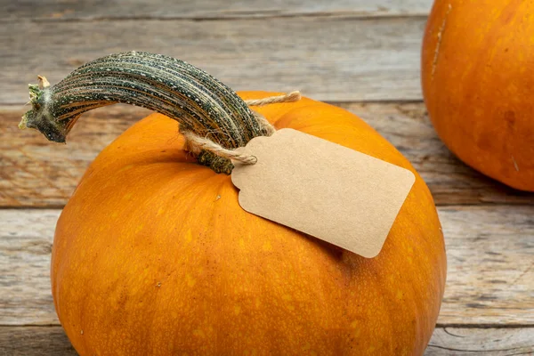 Kürbis Mit Leerem Preisschild Auf Rustikalem Scheunenholz Herbstferieneinkaufskonzept — Stockfoto