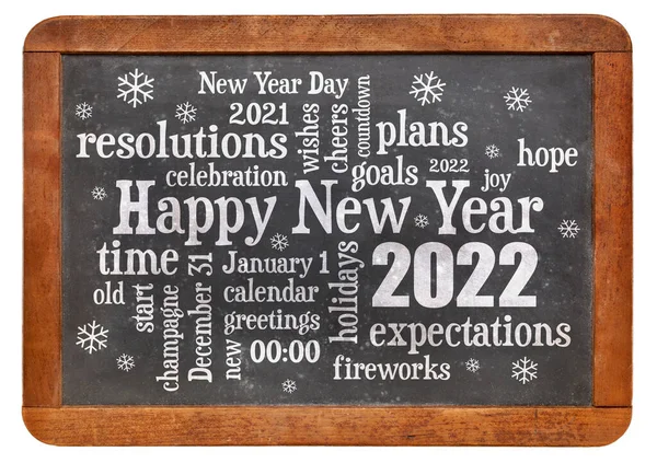Feliz Ano Novo 2022 Nuvem Palavras Texto Giz Branco Quadro — Fotografia de Stock