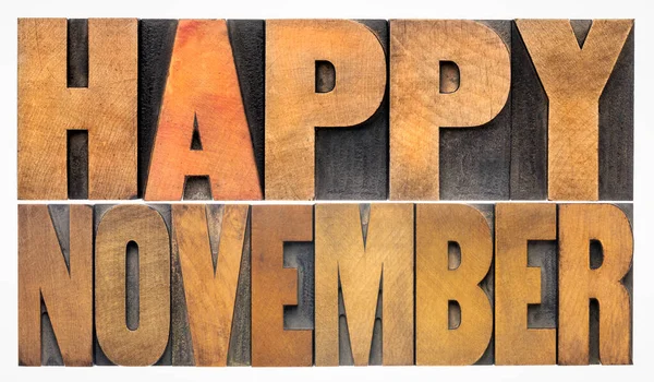 Happy November Typografie Wenskaart Geïsoleerd Woord Abstract Letterdruk Hout Type — Stockfoto