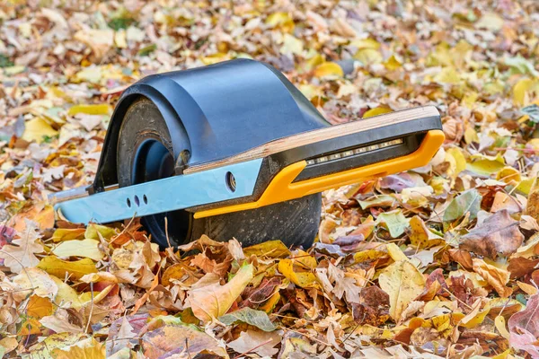 Elektrische Eenwielige Skateboard Een Achtertuin Bedekt Met Kleurrijke Droge Bladeren — Stockfoto