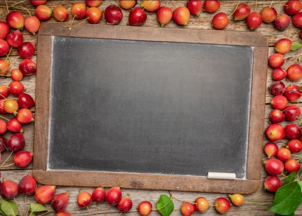 Branco Retro Lousa Blackboard Madeira Rústica Emoldurado Por Maçãs Vermelhas — Fotografia de Stock