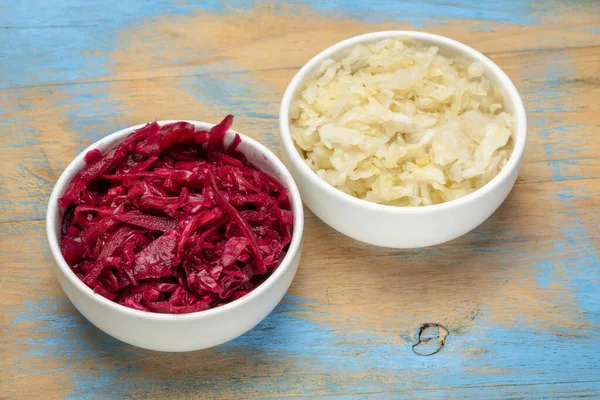 Bowls Organic Red Beets Cabbage Kraut Grunge Wood Probiotics Concept — Stock Photo, Image