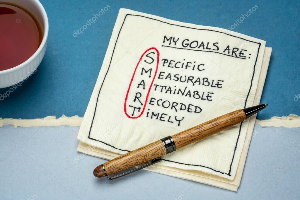 my goals are smart (specific, measurable, attainable, recorded and timely) - goal setting, business or personal development concept, handwritten text on a napkin with tea