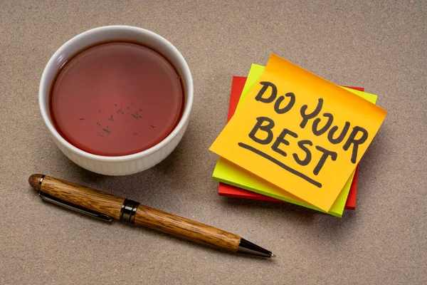 Your Best Motivational Advice Reminder Handwriting Sticky Note Cup Tea — Stock Photo, Image