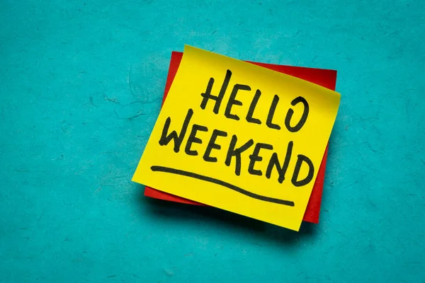 Hello Weekend Handwriting Sticky Note Cheerful Message — Stock Photo, Image