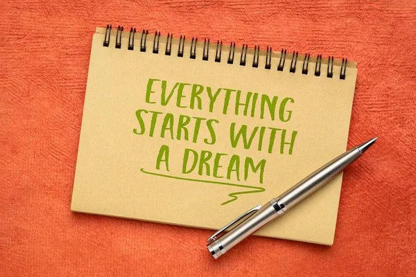 Everything Starts Dream Inspirational Handwriting Spiral Notebook Handmade Paper — Stock Photo, Image