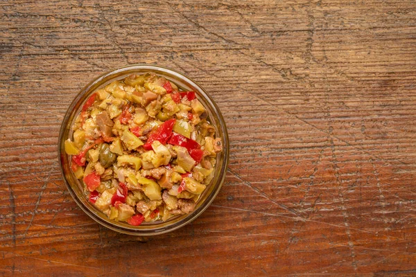 Side Dish Bowl Olive Bruschetta Rustic Weathered Wood Mediterranean Cuisine — Stock Photo, Image