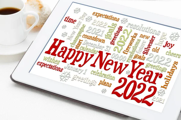 Feliz Ano Novo 2022 Cartão Saudações Nuvem Palavras Tablet Digital — Fotografia de Stock