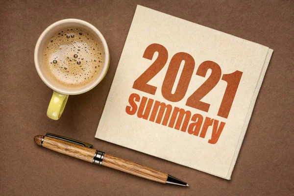 2021 Year Summary Text Napkin Cup Coffee End Year Business — Stock Photo, Image