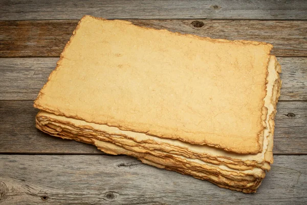 Stack Blank Handmade Paper Rough Edges Rustic Weathered Wood — Stockfoto