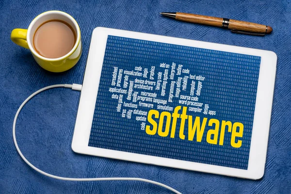 Počítačový Software Slovo Cloud Nulou Jedna Binární Pozadí Digitálním Tabletu — Stock fotografie