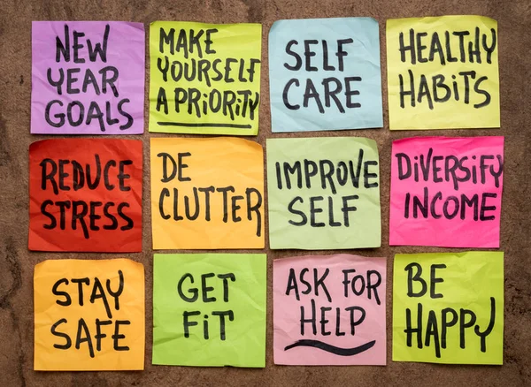 New Year Goals Resolutions Focused Self Care Healthy Habits Set Fotografia Stock