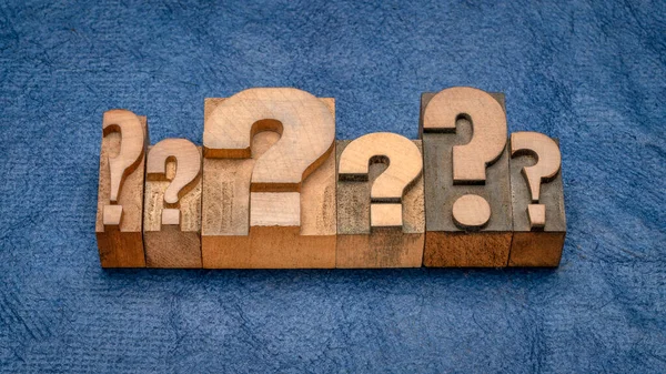 Row Question Marks Vintage Letterpress Wood Type Blue Bark Paper — Stock Photo, Image