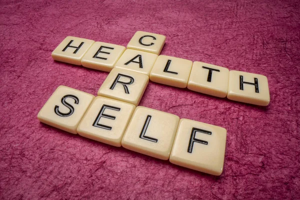 Health Self Care Crossword Letter Tiles Textured Handmade Paper Wellness — Stock Photo, Image