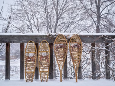 Kar yağan bir arka bahçede klasik ahşap kar ayakkabıları (Huron ve Bear Paw).