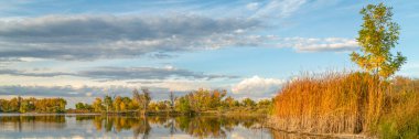 Kuzey Colorado 'daki Fort Collins doğal alanlarından birinde gün batımında sakin bir göl, sonbahar manzarası, panoramik web pankartı
