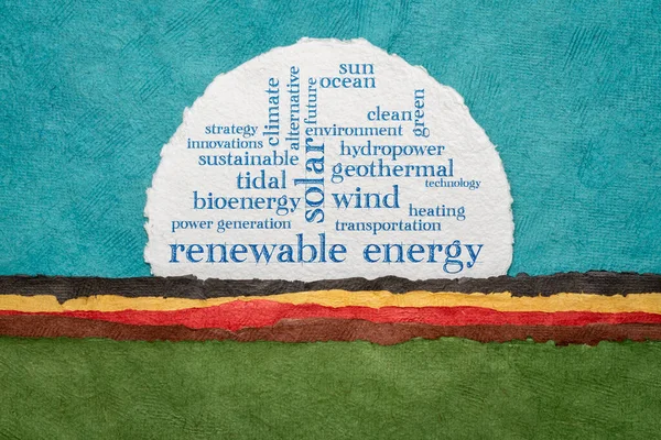 Duurzame Energie Woord Wolk Een Cirkelvormige Aquarelpapier Tegen Kleurrijke Abstracte — Stockfoto