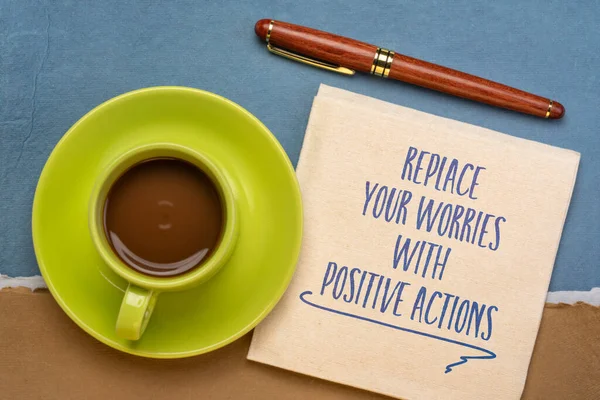 Replace Your Worries Positive Actions Inspirational Advice Reminder Handwriting Napkin — Stock Photo, Image
