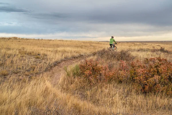 Senior Cyclist Riding Mountain Bike Single Track Trail Colorado Prairie — стоковое фото