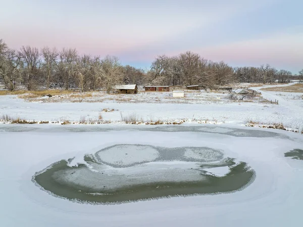 Freezing Pond Abandoned Farm Poudre River Fort Collins Colorado Aerial — Stockfoto