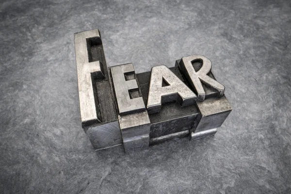 Fear Word Abstract Gritty Vintage Letterpress Metal Types Mixed Fonts — Foto Stock