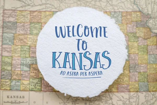 Welcome Kansas Astra Aspera Handwriting Circular Sheet Rough Handmade Paper — стокове фото