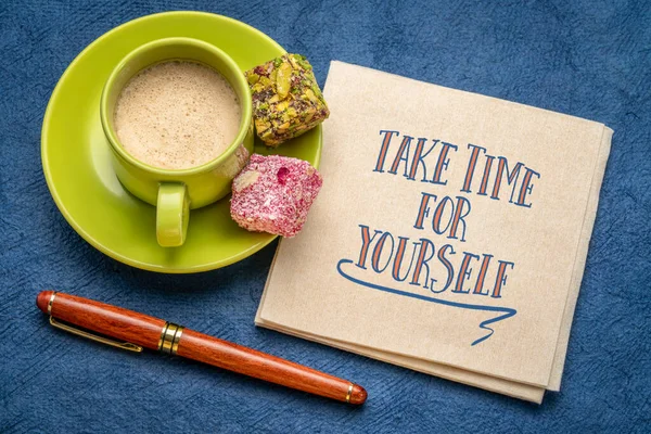 Take Time Yourself Inspirational Note Handwriting Napkin Cup Coffee Candy — Fotografia de Stock