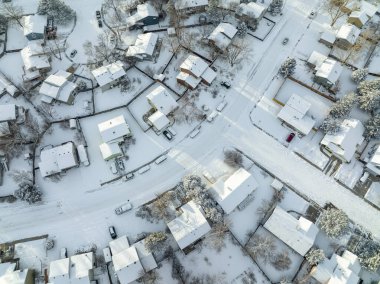 residential street in Fort Collins, Colorado after snowstorm, aerial view