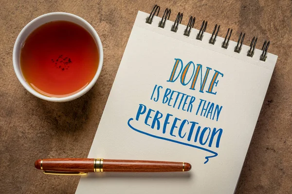 Done Better Perfection Reminder Handwriting Spiral Notebook Cup Tea Business — Stock Photo, Image