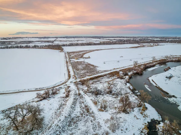 Dämmerung Über South Platte River Und Ackerland Auf Colorado Ebenen — Stockfoto