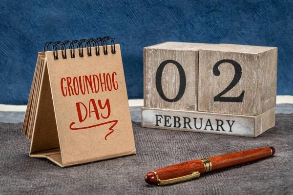 Groundhog Day February 2Nd Handwriting Wood Block Calendar American Tradition —  Fotos de Stock