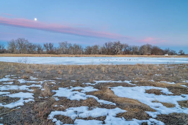 Dusk Colorado Plains Frozen Lake Abandoned Farm — ストック写真