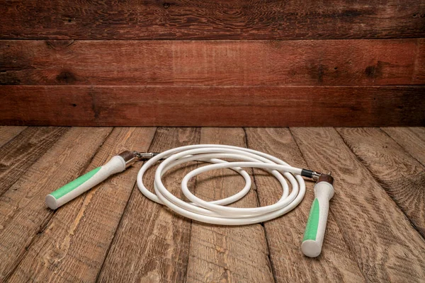 Heavy Fitness Jump Rope Rustic Weathered Wood Background — Stock Photo, Image