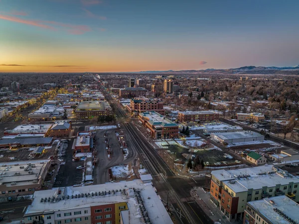 Vinter Soluppgång Över Fort Collins Colorado Och Klippiga Bergen Antenn — Stockfoto