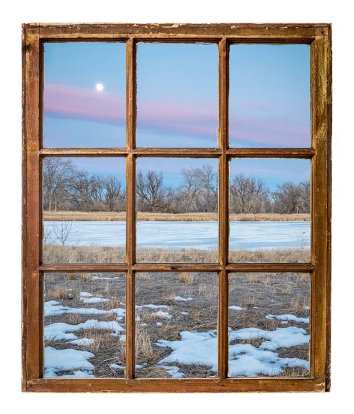 Crépuscule Sur Les Plaines Colorado Avec Lac Gelé Vue Fenêtre — Photo