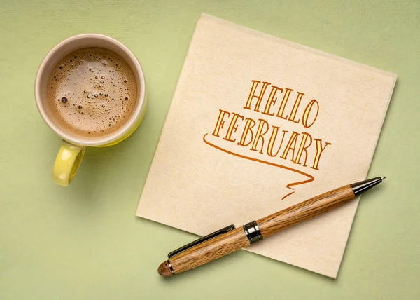 Hola Febrero Escritura Mano Una Servilleta Con Una Taza Café — Foto de Stock