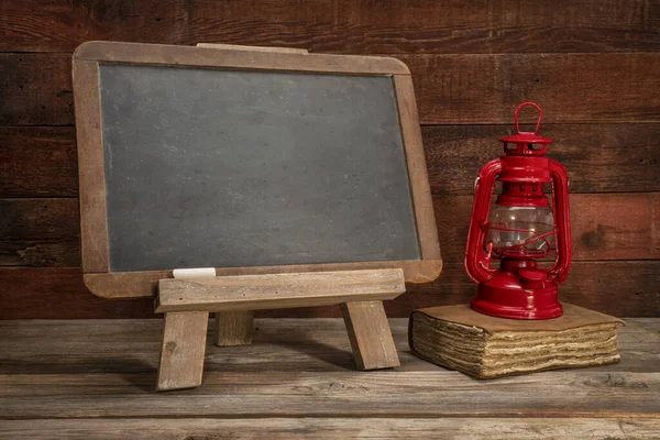 Blank Slate Blackboard Easel Sign Rustic Weathered Wood Old Book — Stock Photo, Image