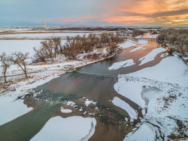 Solnedgång Över South Platte River Med Avledningsdamm Och Jordbruksmark Colorado — Stockfoto