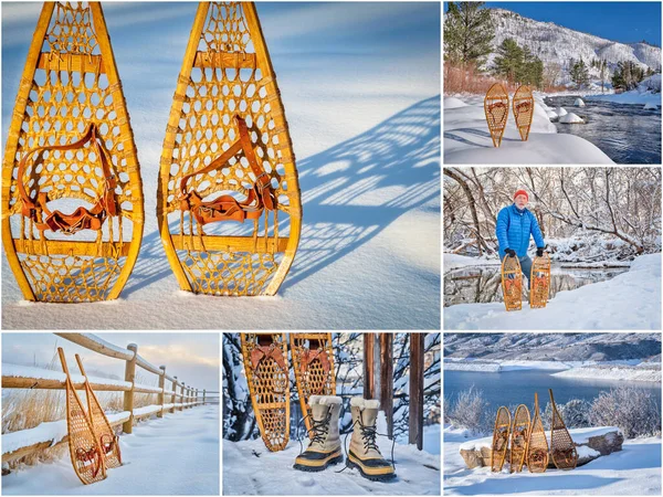 Classic Wooden Snowshoes Huron Bear Paw Collection Pictures Northern Colorado — Stock Photo, Image