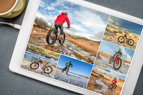 Reviewing Pictures Fat Bike Riding Colorado Foothills Prairie Featuring Same — Stock Photo, Image