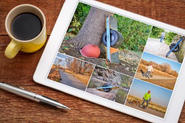 Colorado 'da bisiklet yollarında tekerlekli sandalyede kaykay sürmek, bir tablette aynı yaşlı erkek modelin yer aldığı bir resim koleksiyonunu incelemek ve düzenlemek, tüm ekran görüntüleri fotoğrafçının telif hakkı