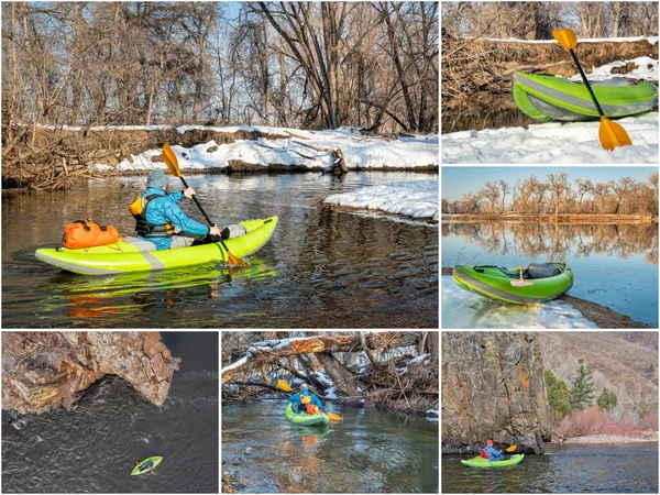 コロラド州北部の湖や川でインフレータブルホワイトウォーターカヤックを漕ぐ 画像コレクション同じシニア男性パドラーを搭載し すべての画像の著作権は 写真家によって — ストック写真