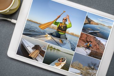 Colorado 'daki göllerde kürek çekme kanosu, tabletteki aynı yaşlı erkek kürekçinin resimlerini düzenleme, tüm ekran görüntüleri fotoğrafçının telif hakkı.