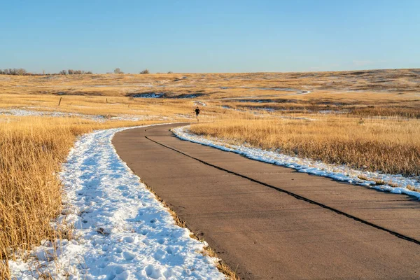 在科罗拉多州柯林斯堡 弗罗姆草原自然区 她与一个遥远的跑步者在一个平静的冬日下午漫步在自行车道上 — 图库照片
