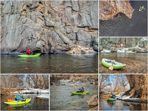 paddling inflatable whitewater kayak on lakes and rivers of northern Colorado - picture collection featuring the same senior male paddler, all images copyright by the photographer
