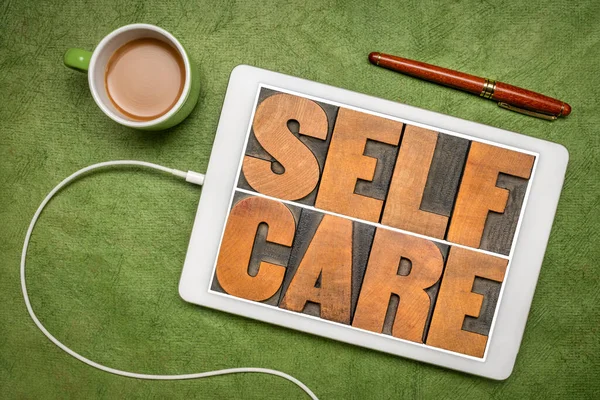 Self Care Word Abstract Vintage Letterpress Wood Type Digital Tablet — Stock Photo, Image