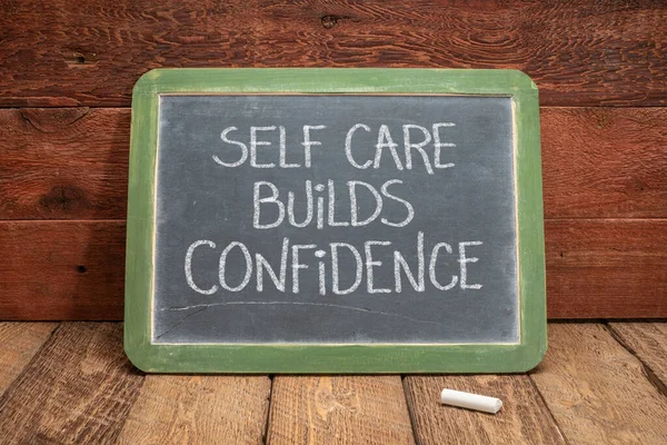 Self Care Builds Confidence White Chalk Handwriting Vintage Slate Blackboard — Stock Photo, Image