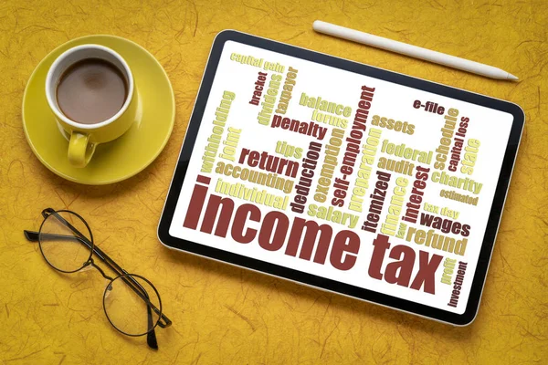 Income Tax Word Cloud Digital Tablet Flat Lay Cup Coffee — Stock Photo, Image