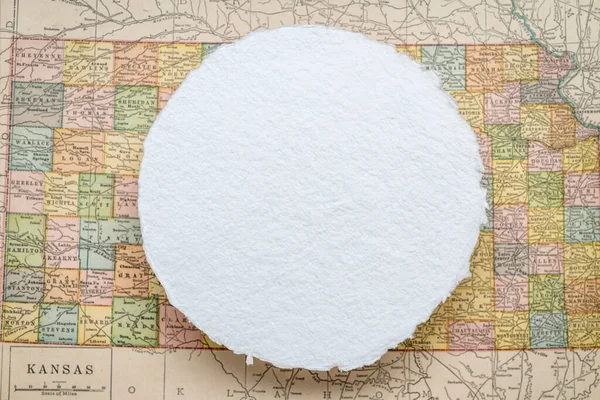 Blank Circular Sheet Rough Handmade Paper Floating Vintage Defocused Map — Stock Photo, Image