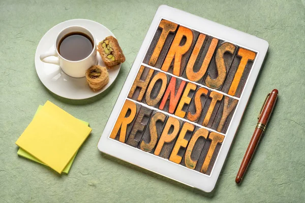 Trust Honesty Respect Word Abstract Vintage Letterpress Wood Type Digital — Stock Photo, Image